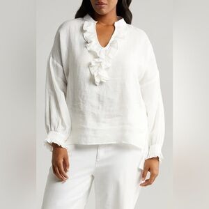 Harshman Cordelia Popover 100% Linen V-neck Ruffle Long Sleeve Blouse 2X NWT